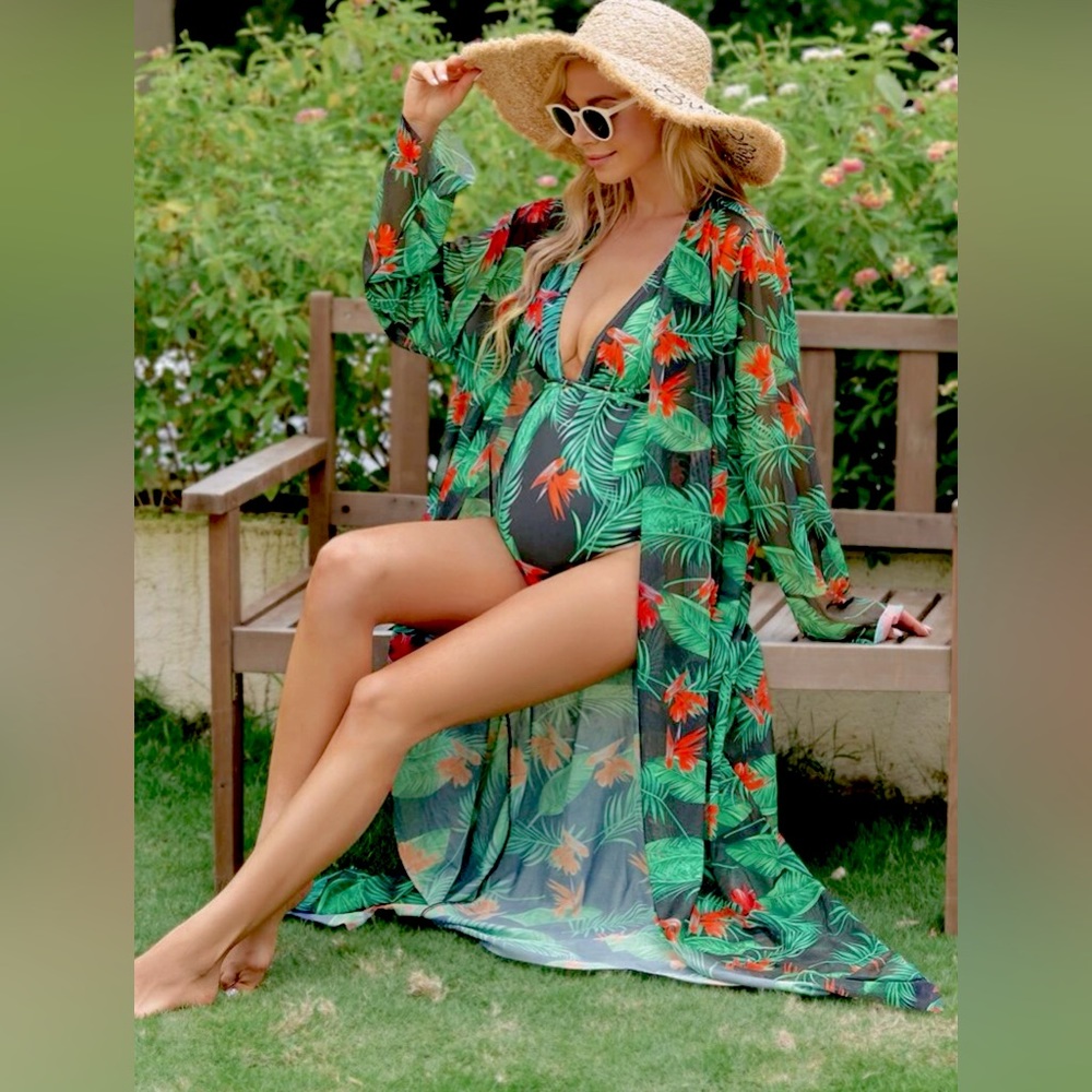 SHEIN Maternity Tropical Print Bathing Suit and Kimono Set